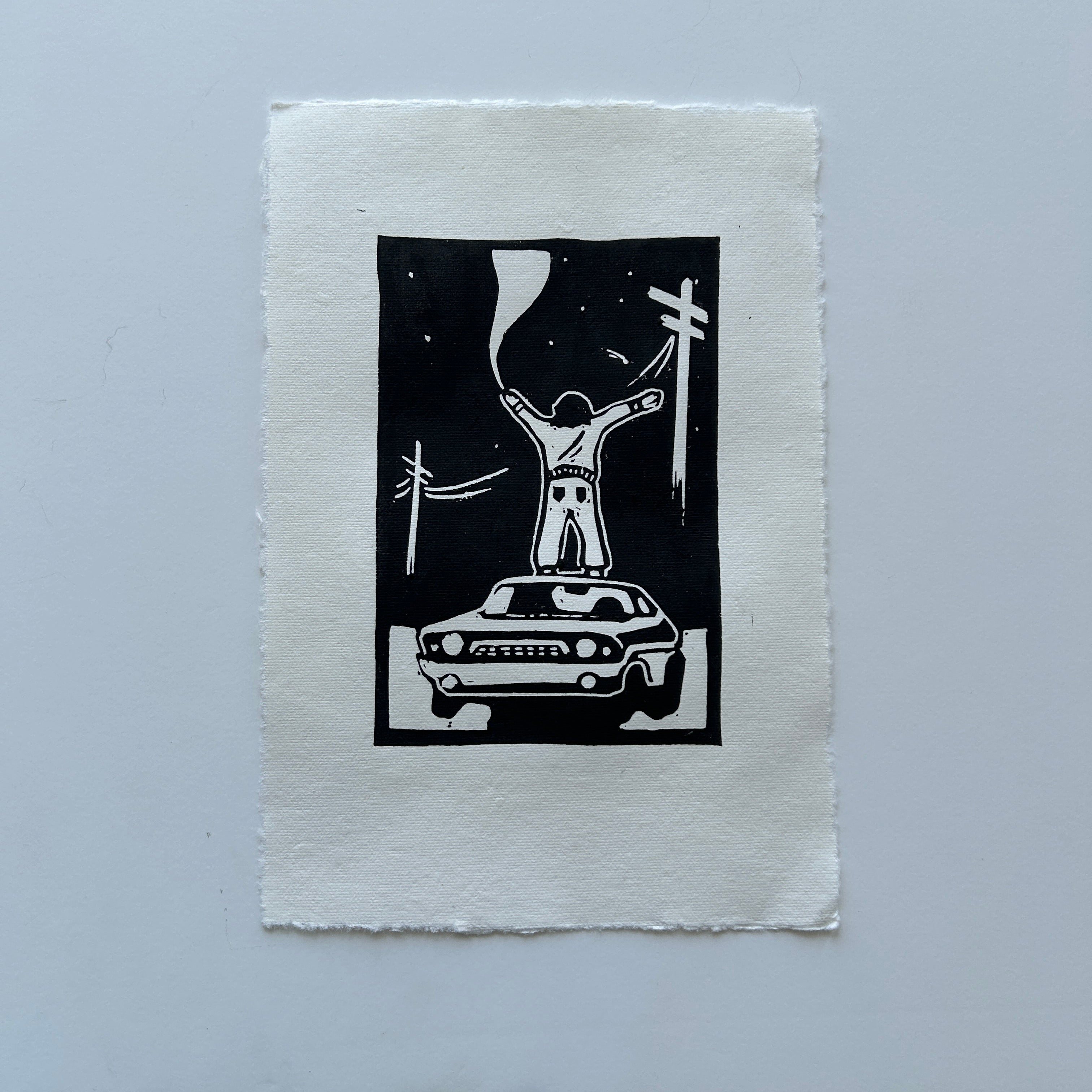 'Girl Stands On Car' A5 linocut Print