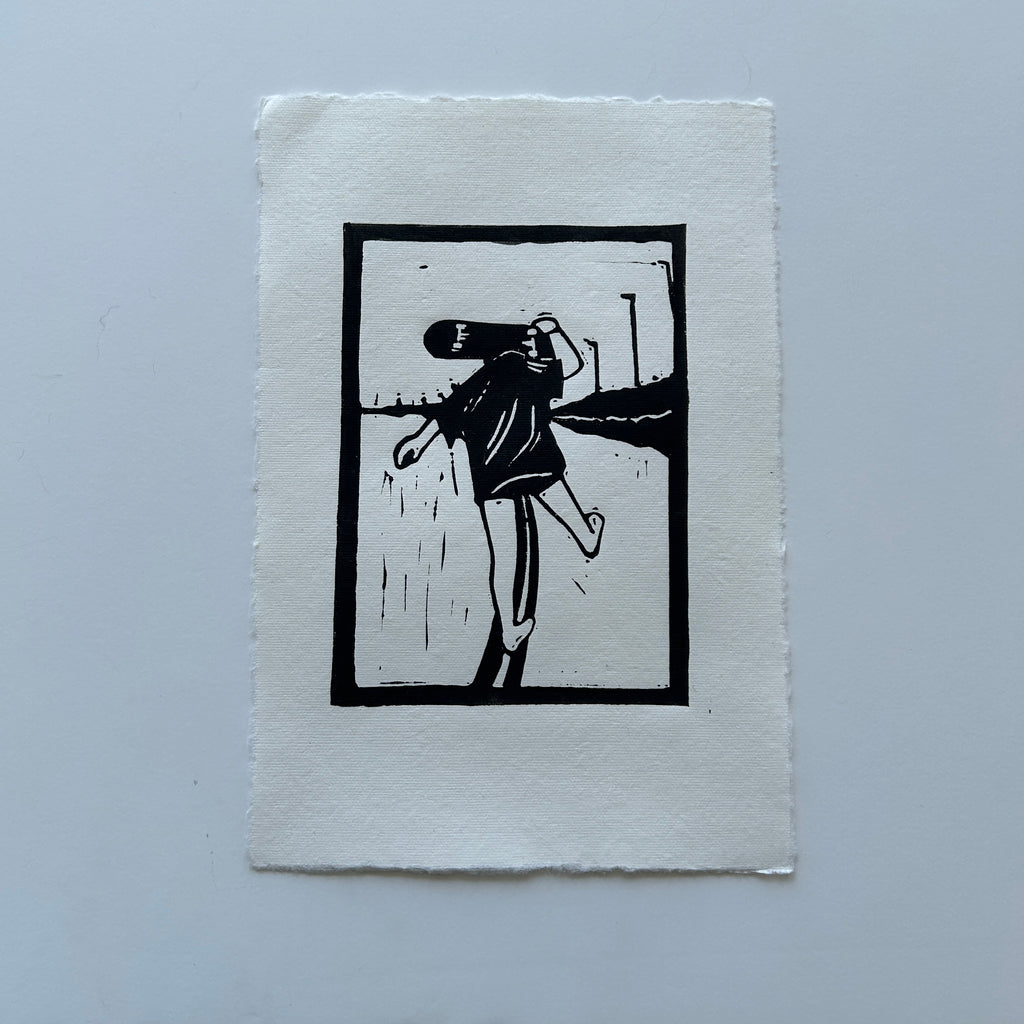 'Girl Carrying Skateboard' A5 Linocut Print