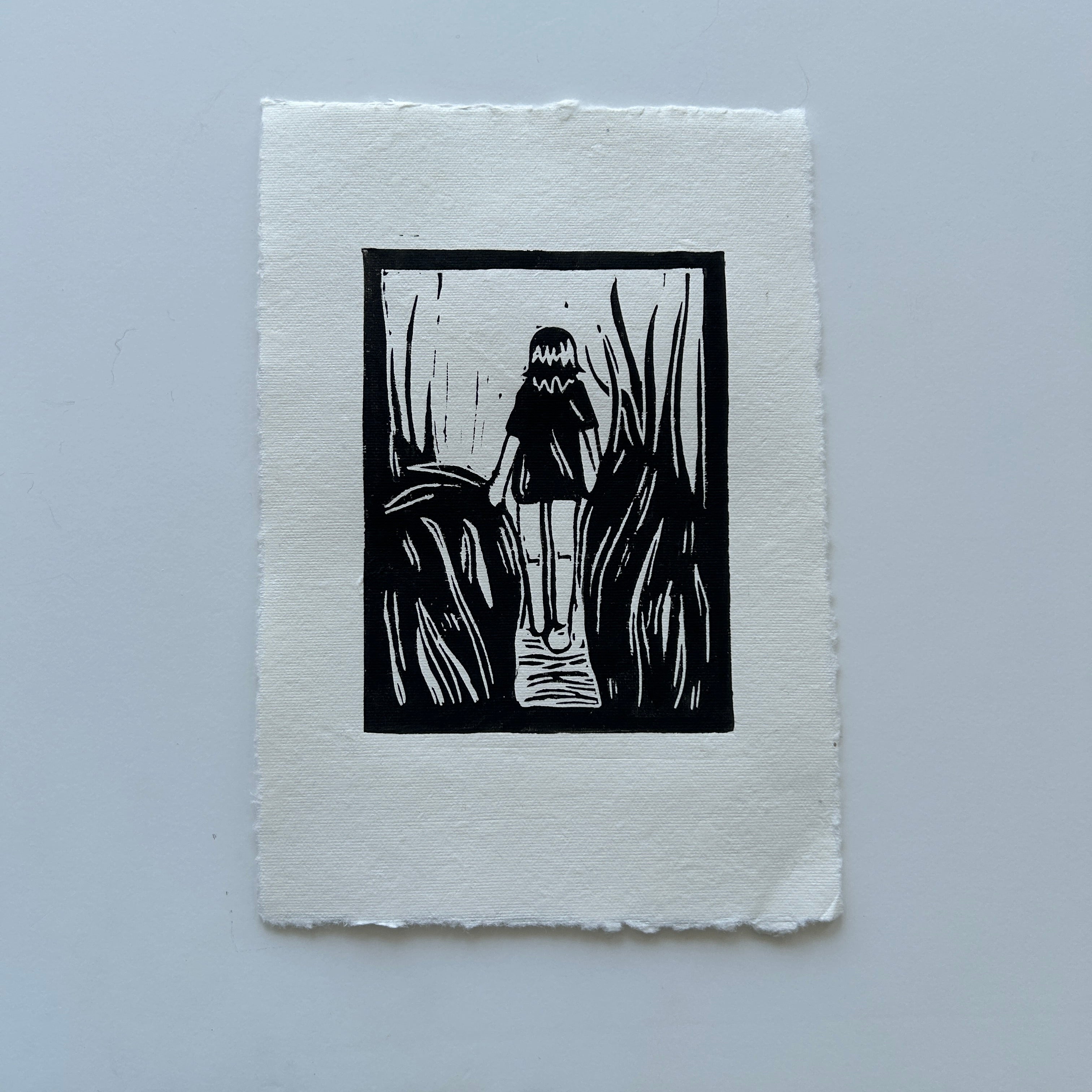 'Girl Walks in Grass' A5 Linocut Print