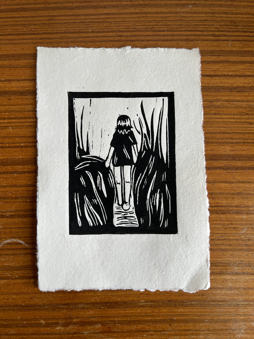 'Girl Walks in Grass' A5 Linocut Print