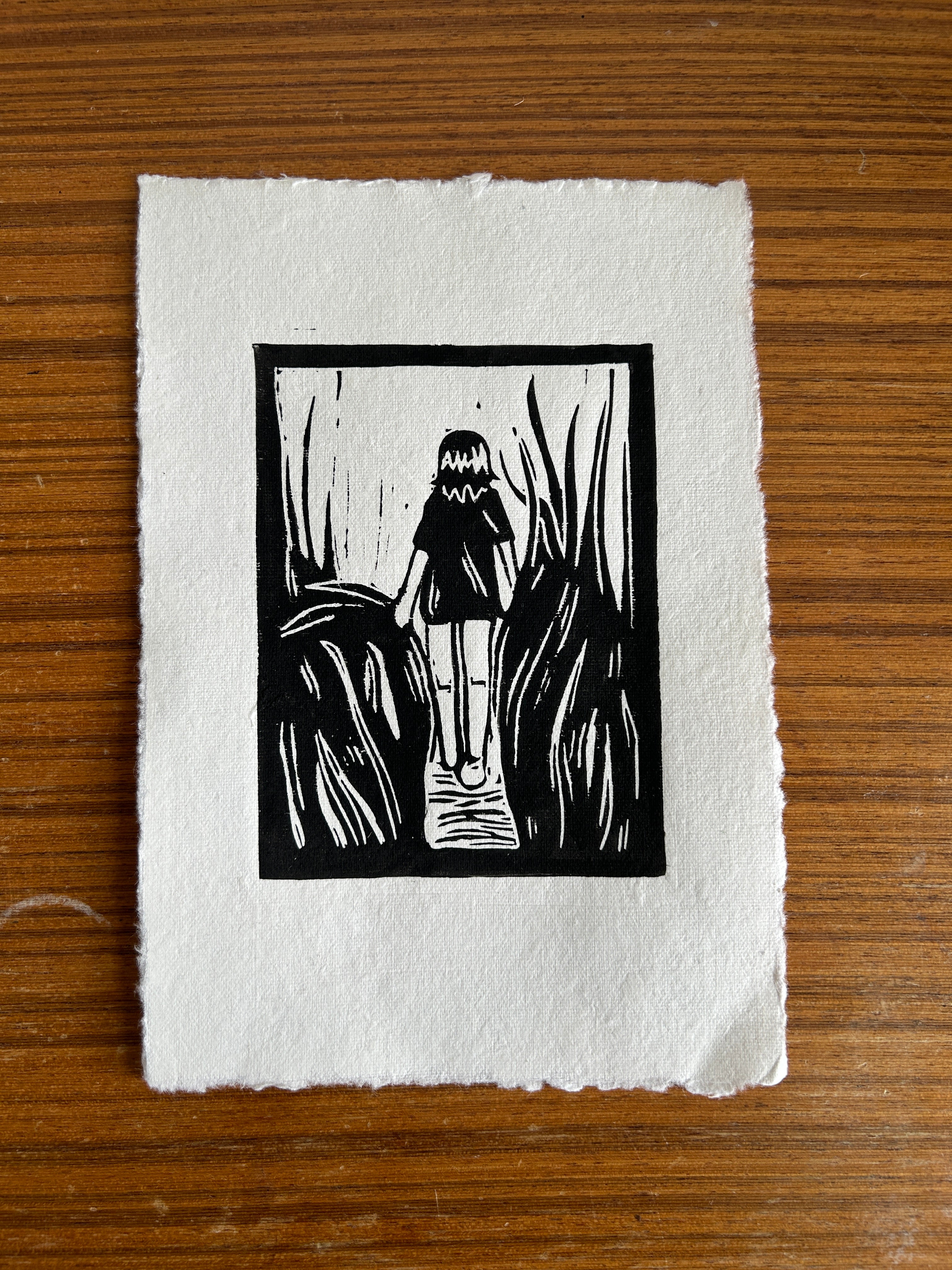 'Girl Walks in Grass' A5 Linocut Print