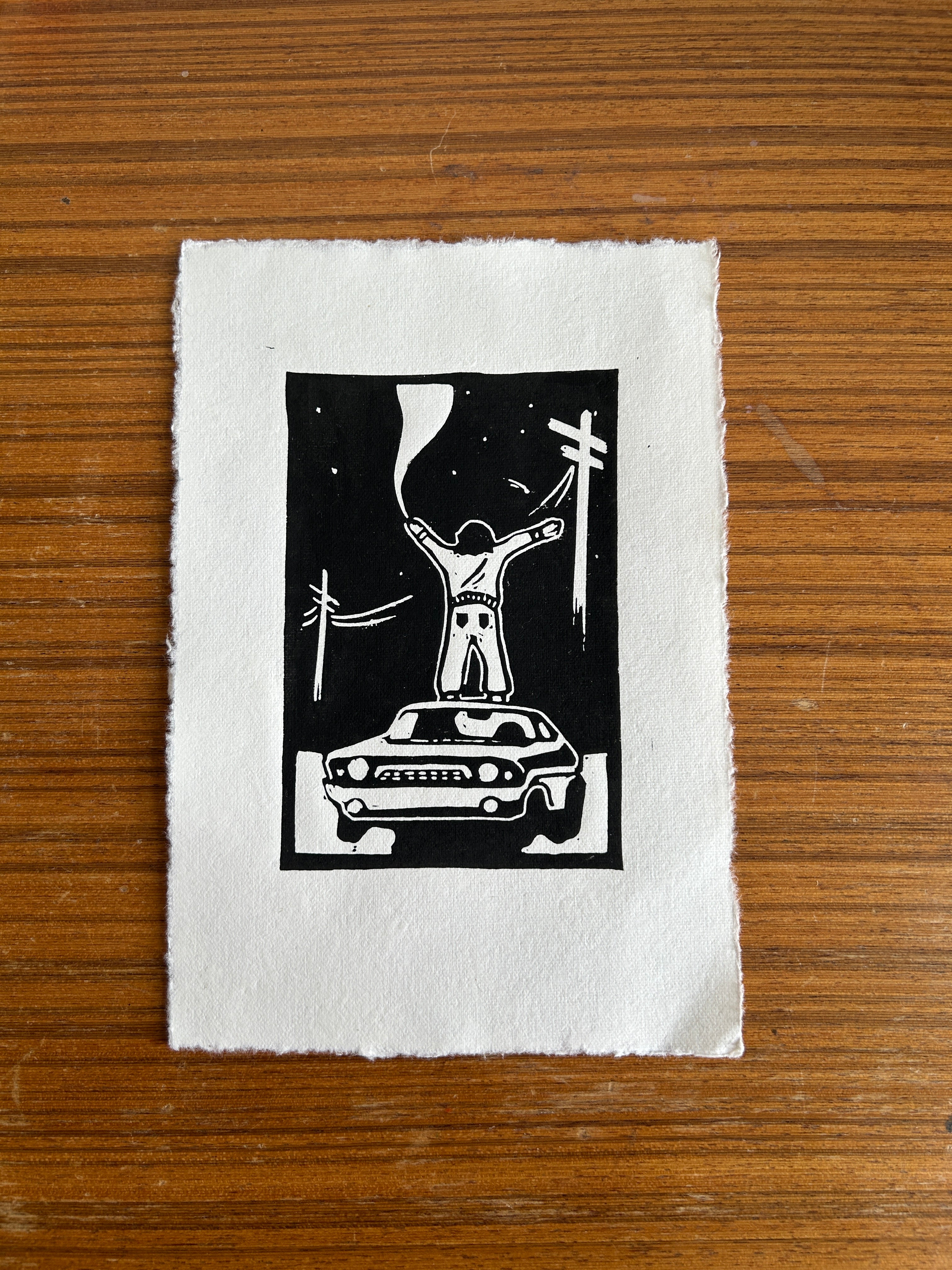 'Girl Stands On Car' A5 linocut Print