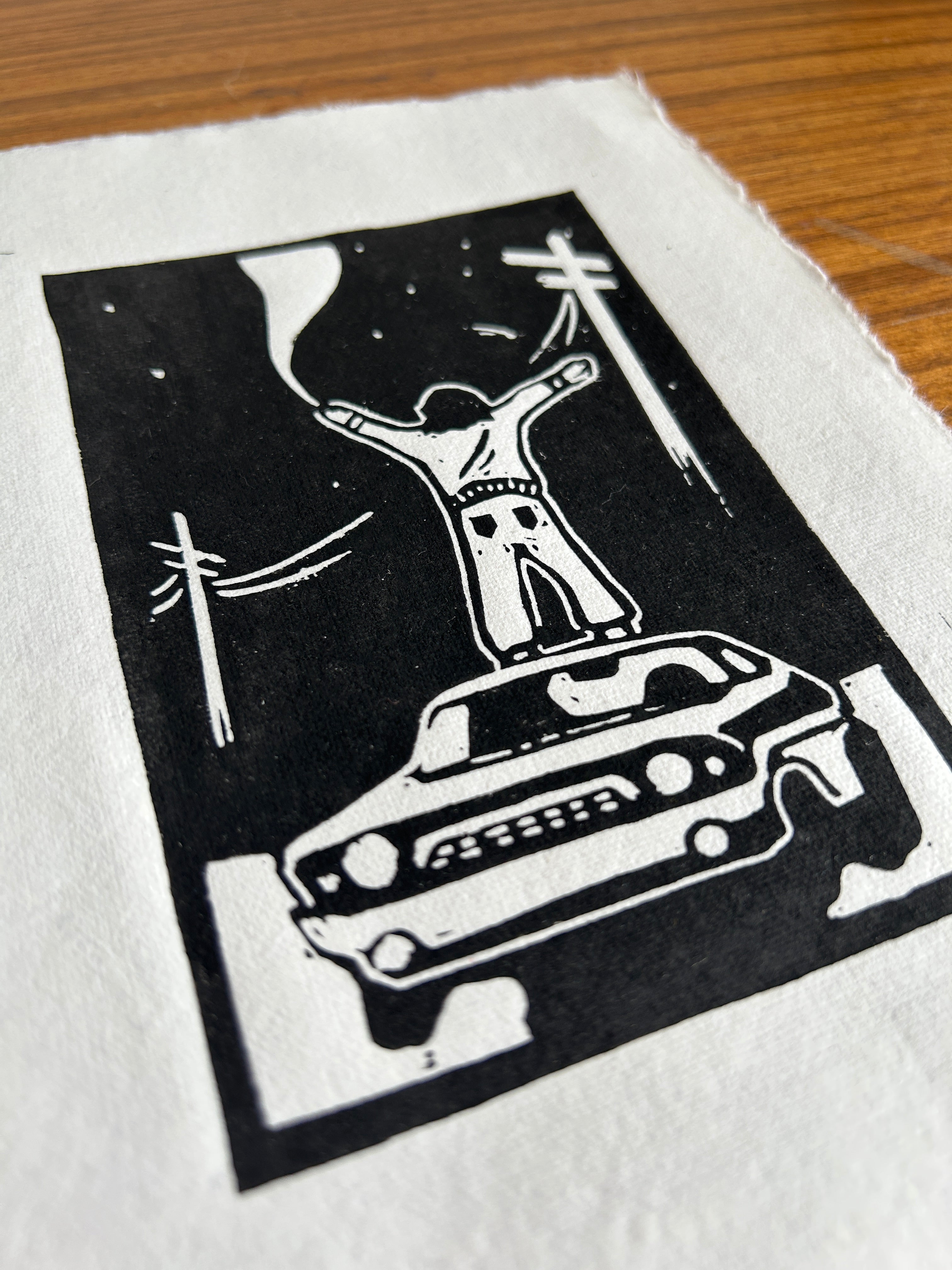 'Girl Stands On Car' A5 linocut Print