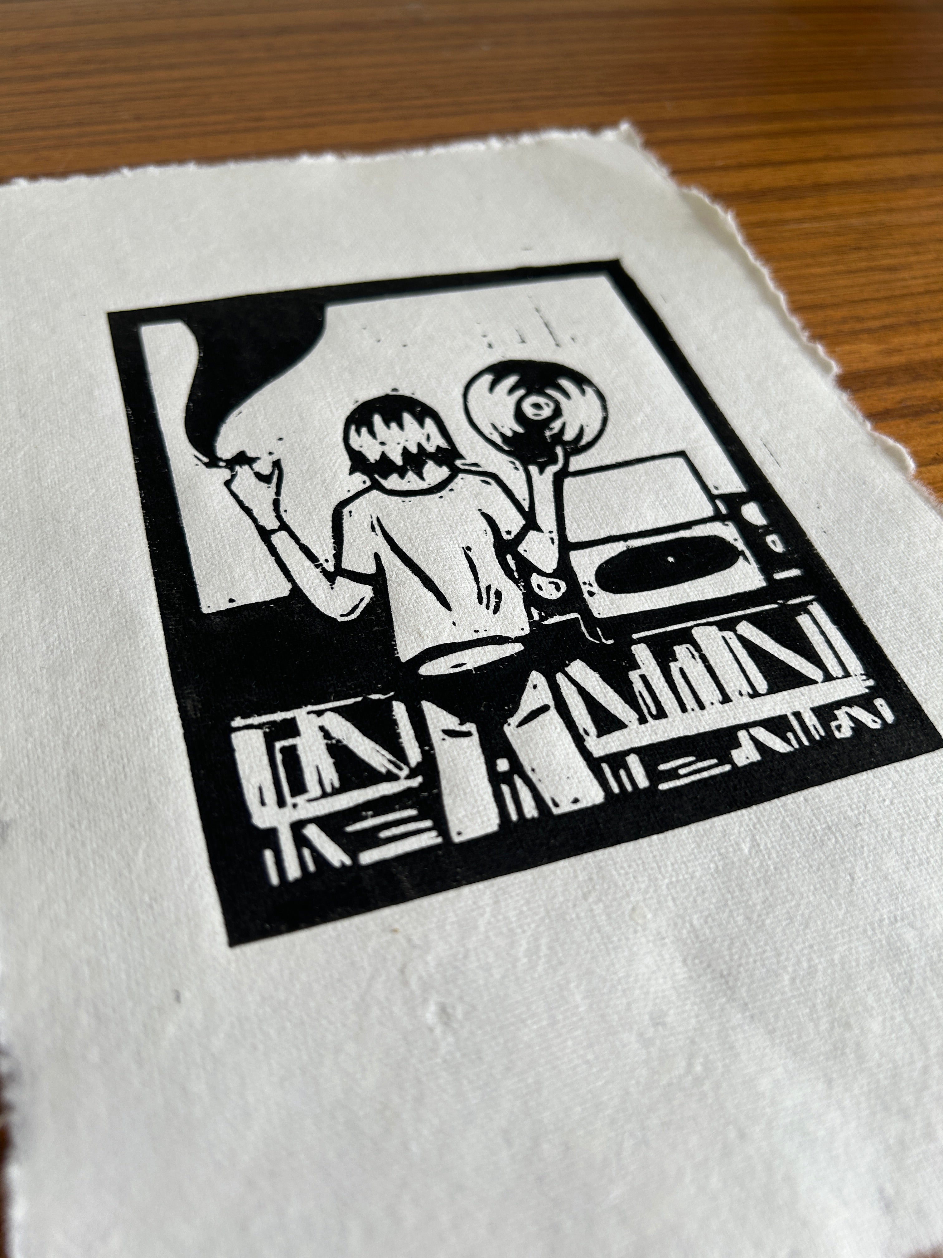 'Records On' A5 Linocut Print