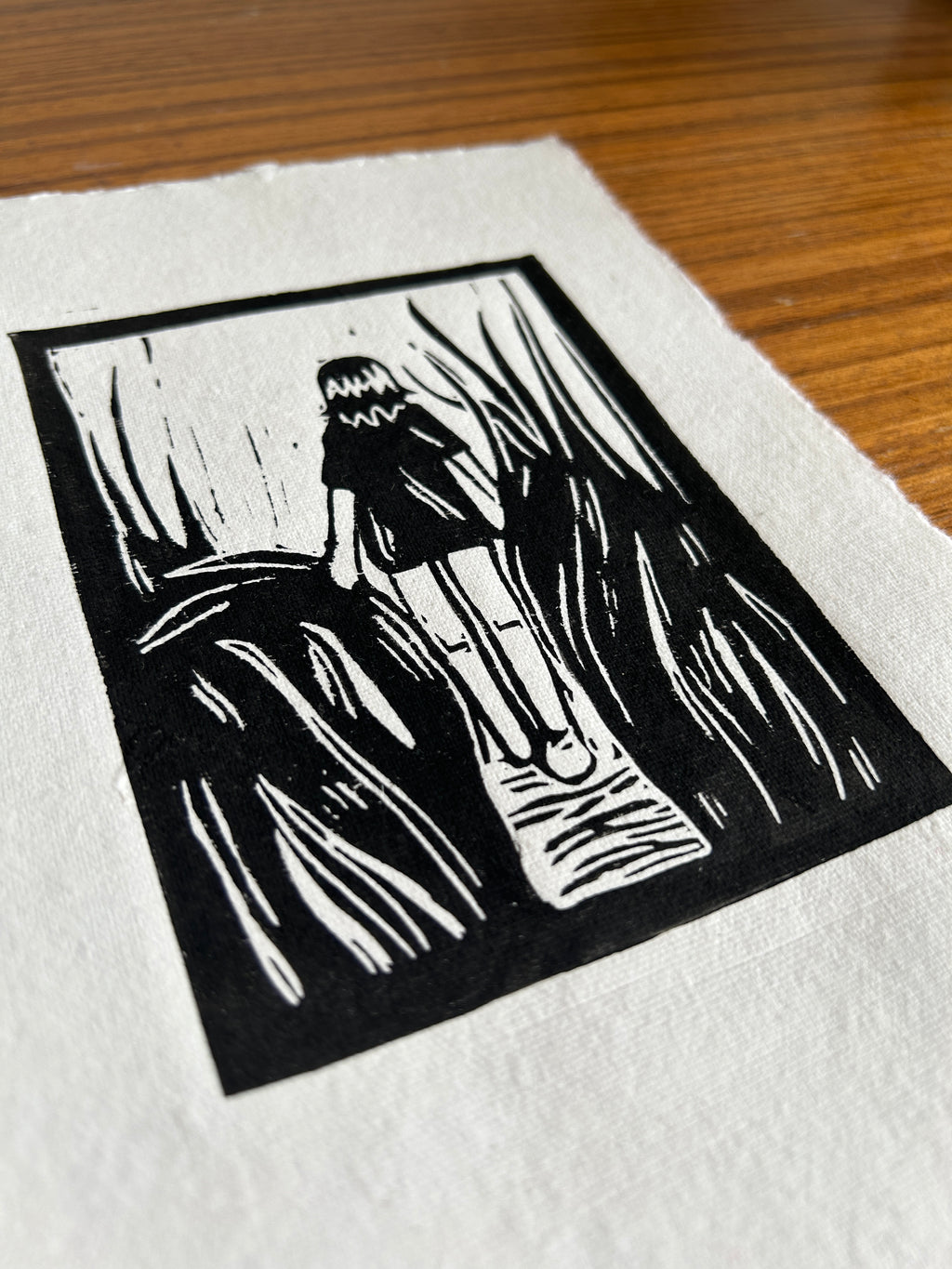 'Girl Walks in Grass' A5 Linocut Print
