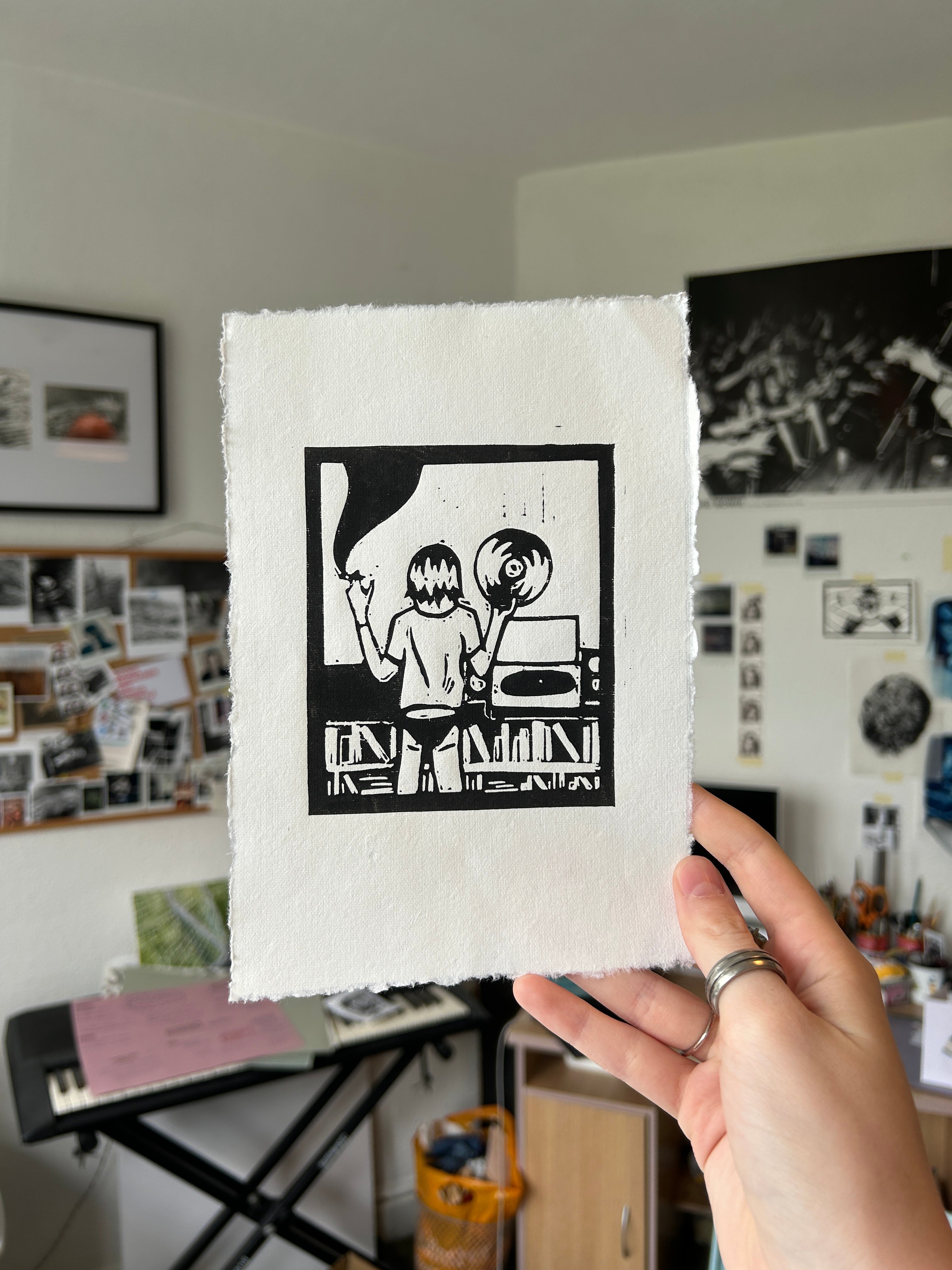 'Records On' A5 Linocut Print