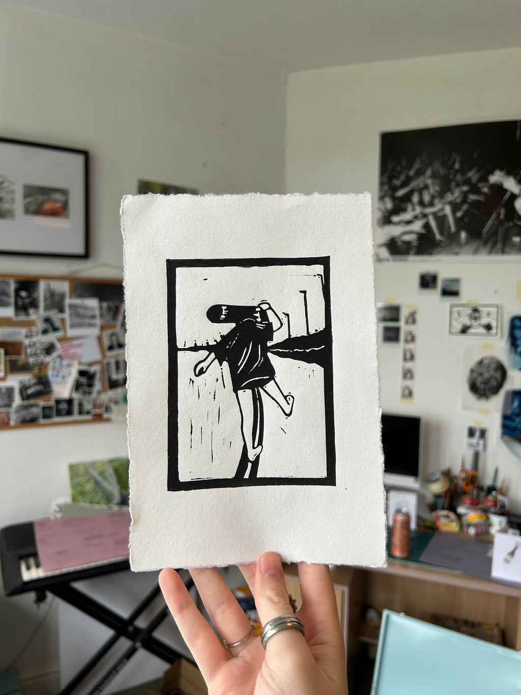 'Girl Carrying Skateboard' A5 Linocut Print