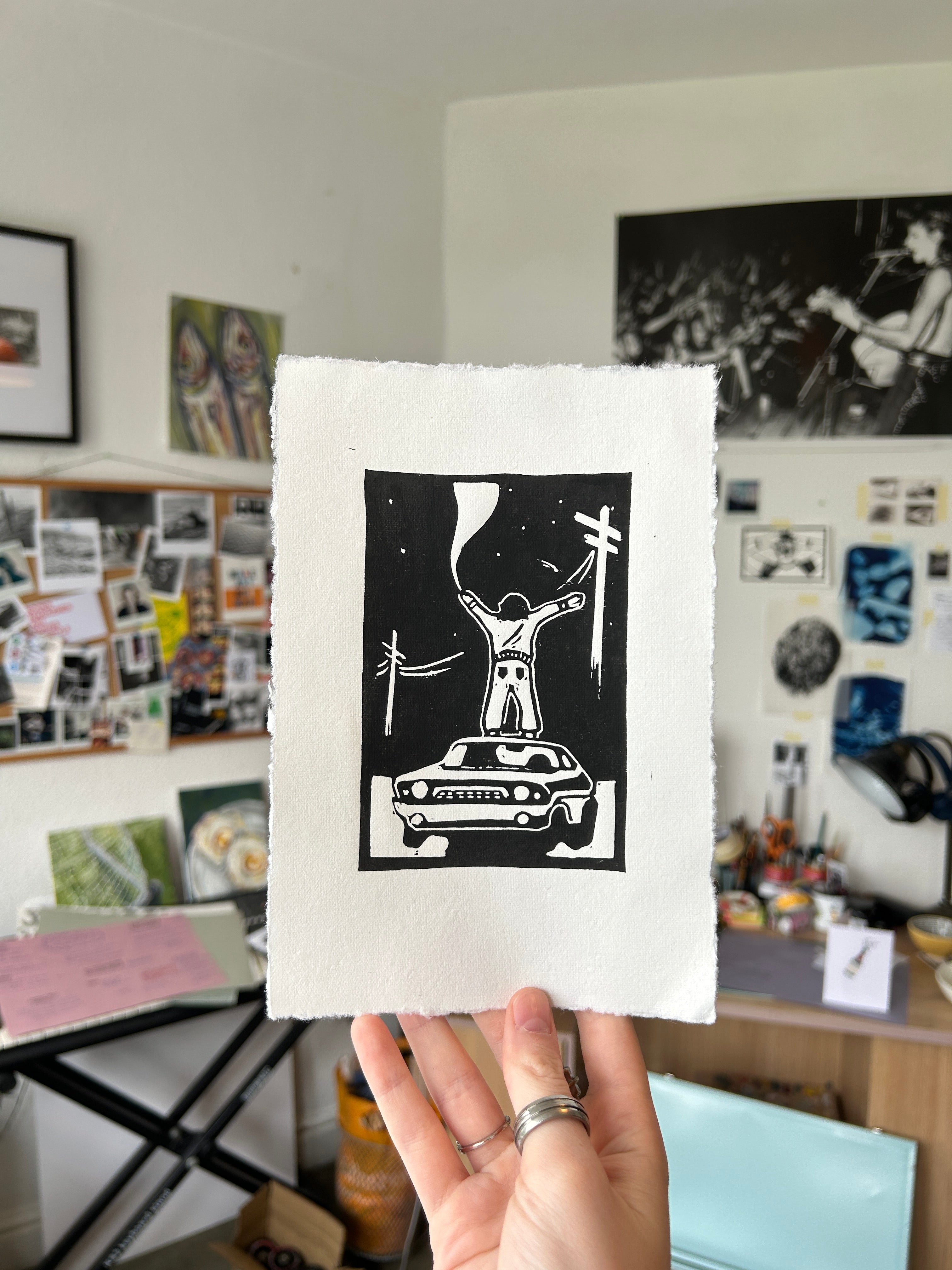 'Girl Stands On Car' A5 linocut Print