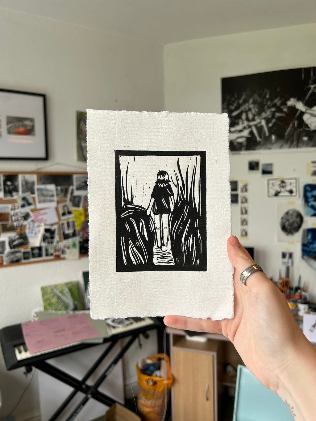 'Girl Walks in Grass' A5 Linocut Print