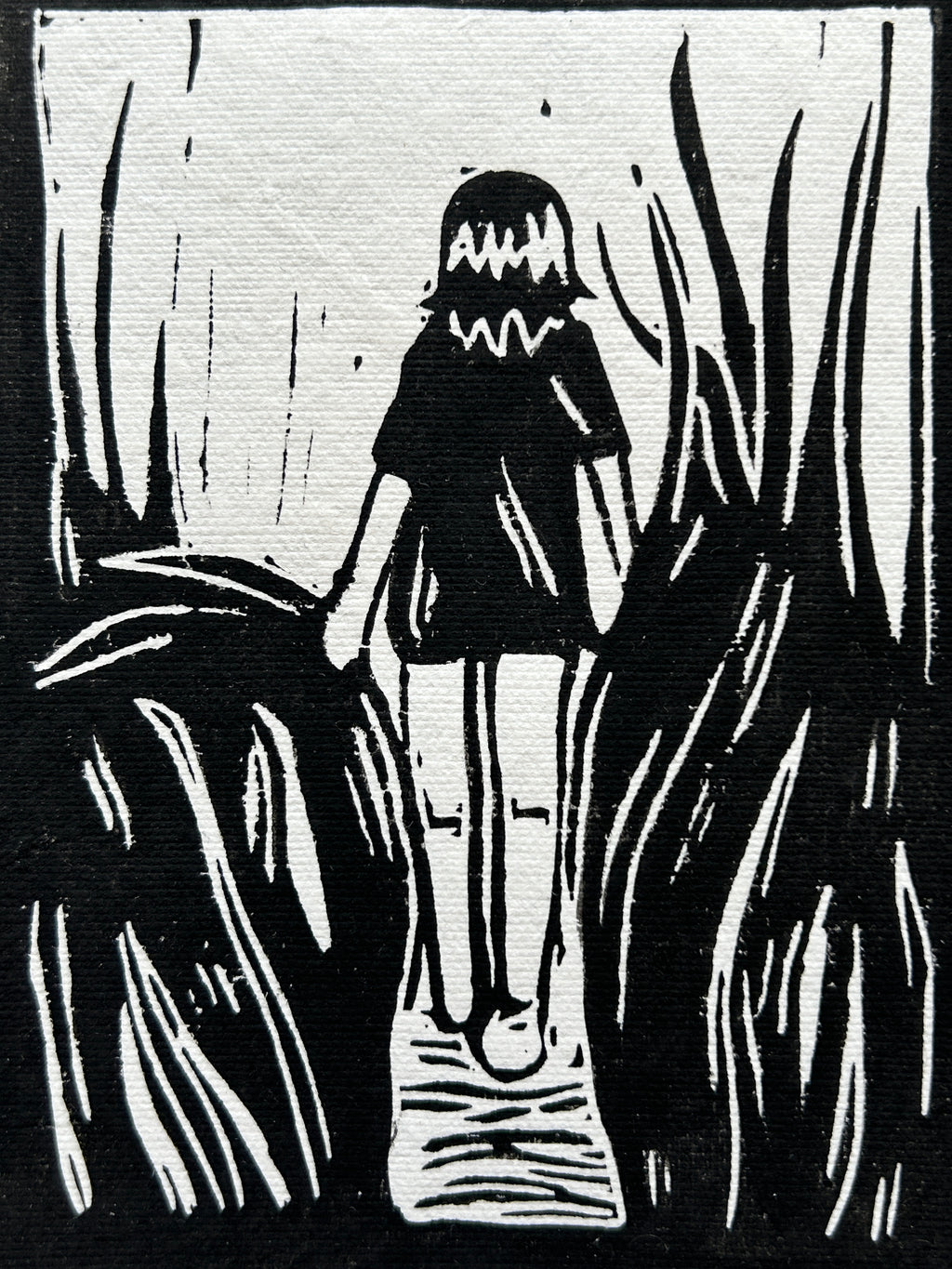 'Girl Walks in Grass' A5 Linocut Print