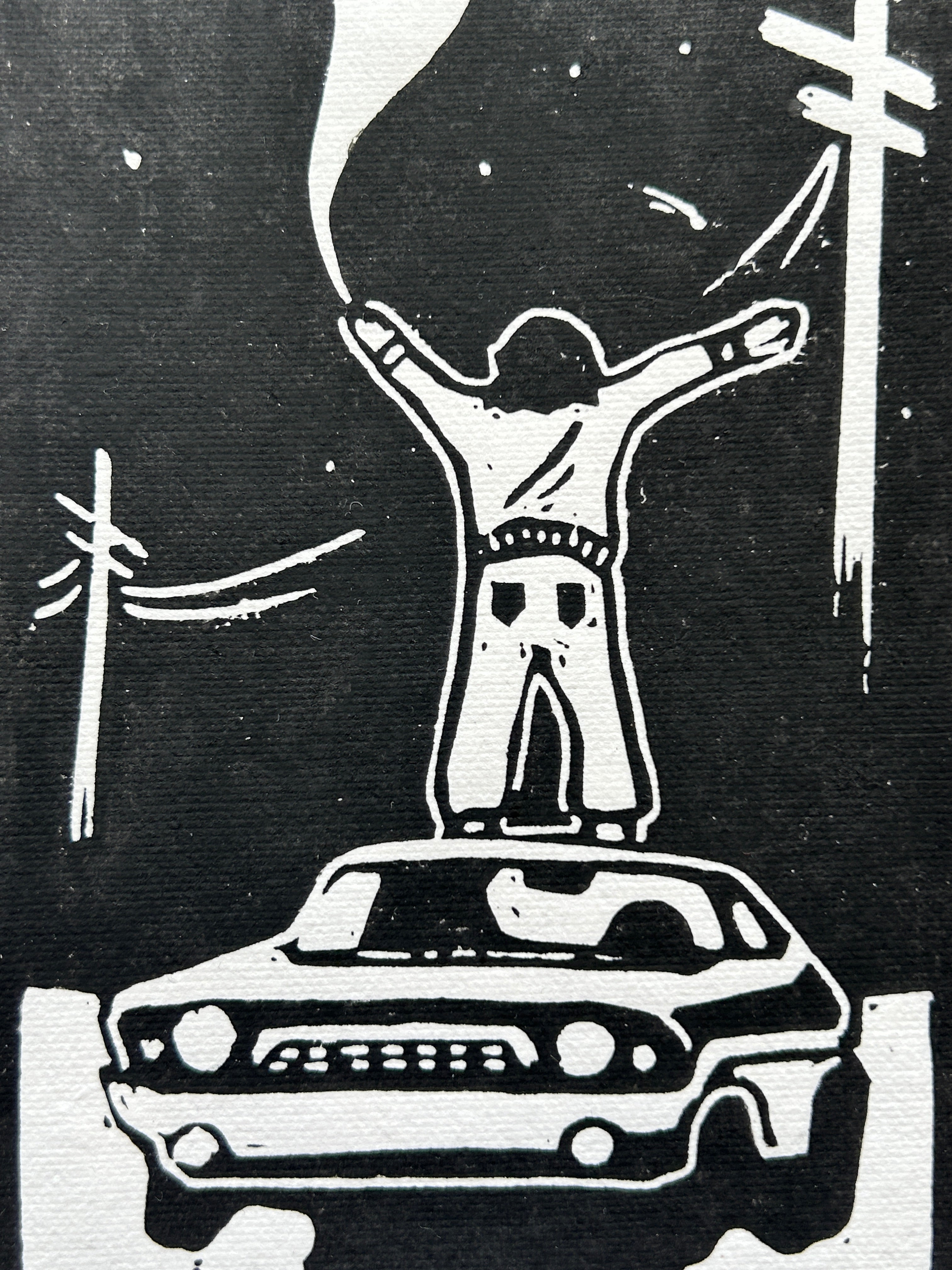 'Girl Stands On Car' A5 linocut Print