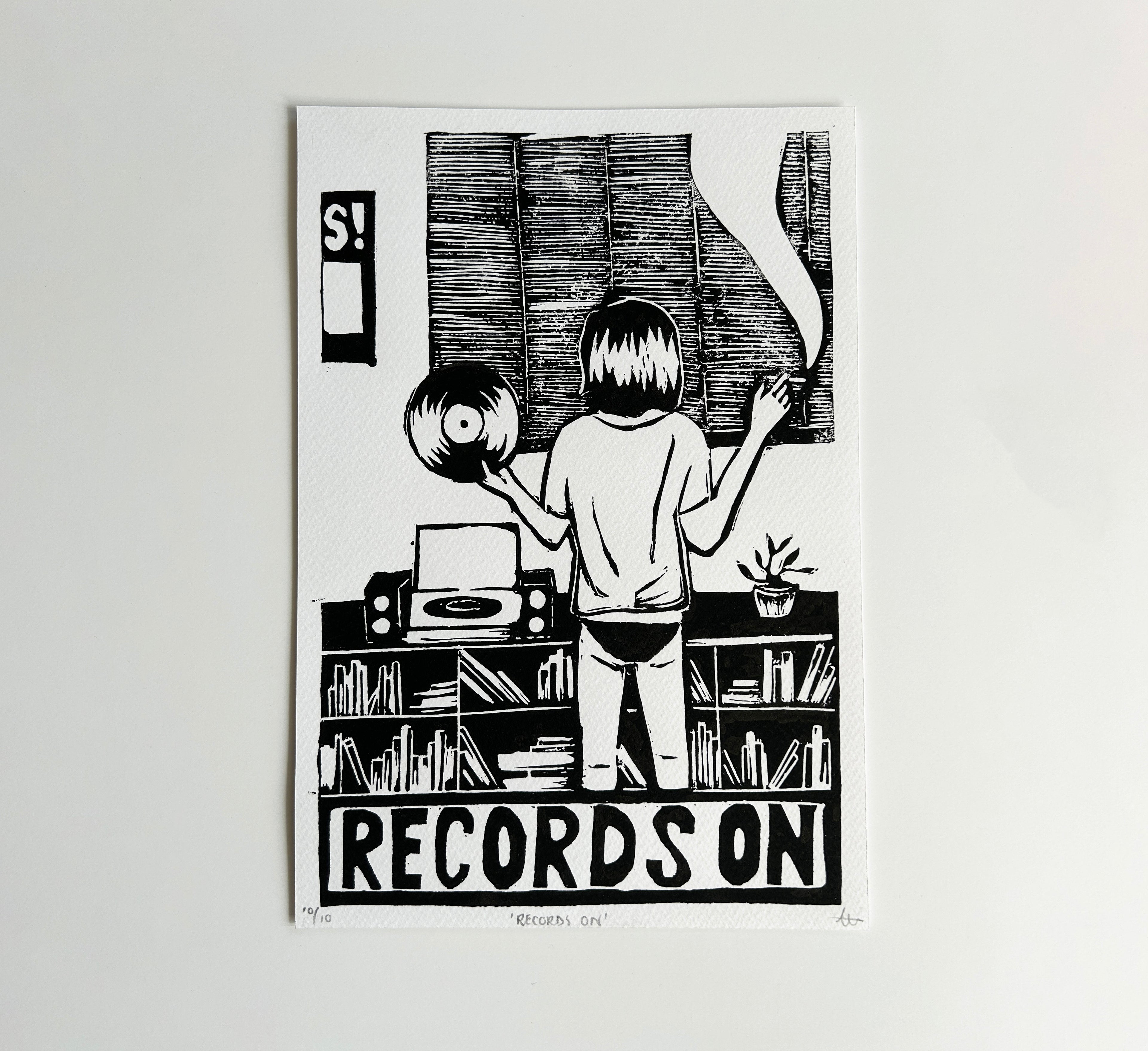 'Records On' - A4 Linocut Print