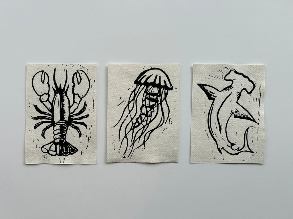 'Sea Creatures' Linocut Prints - 3 Pack