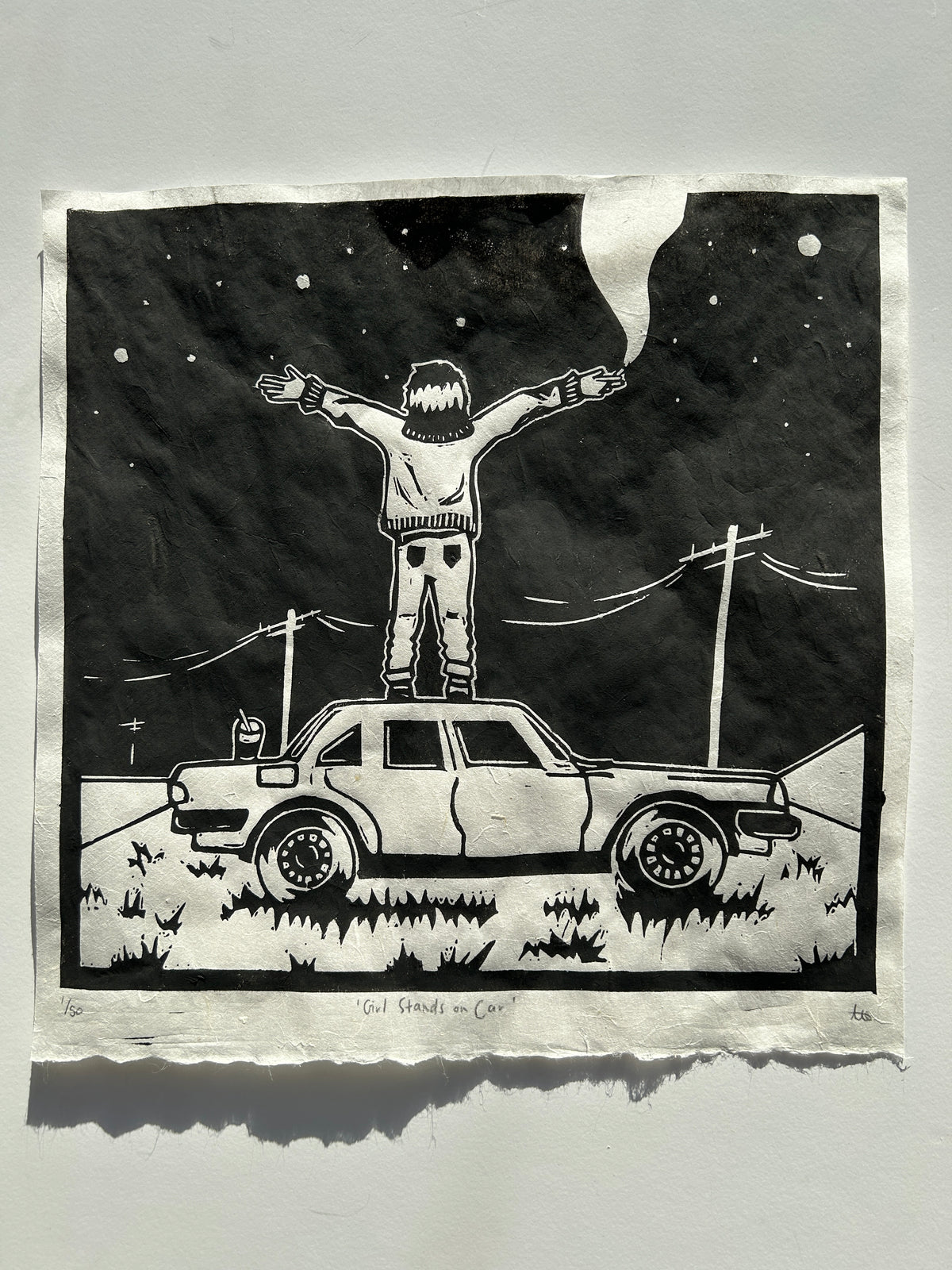 'Girl Stands on Car' Linocut Print