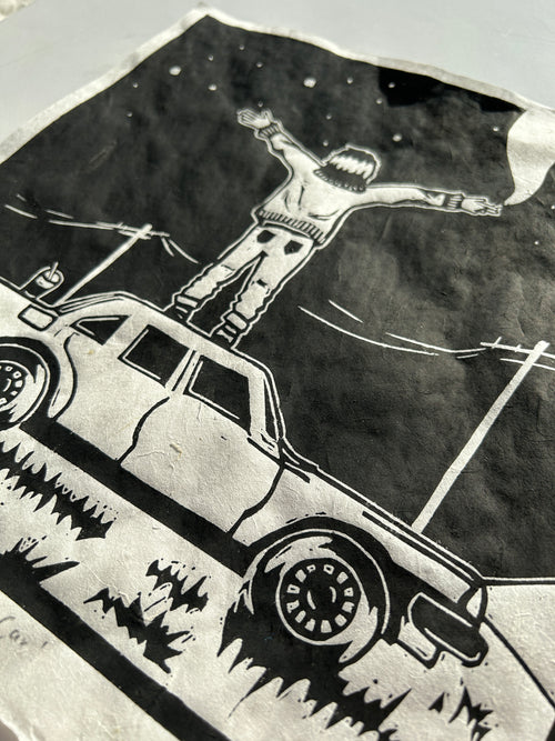 'Girl Stands on Car' Linocut Print