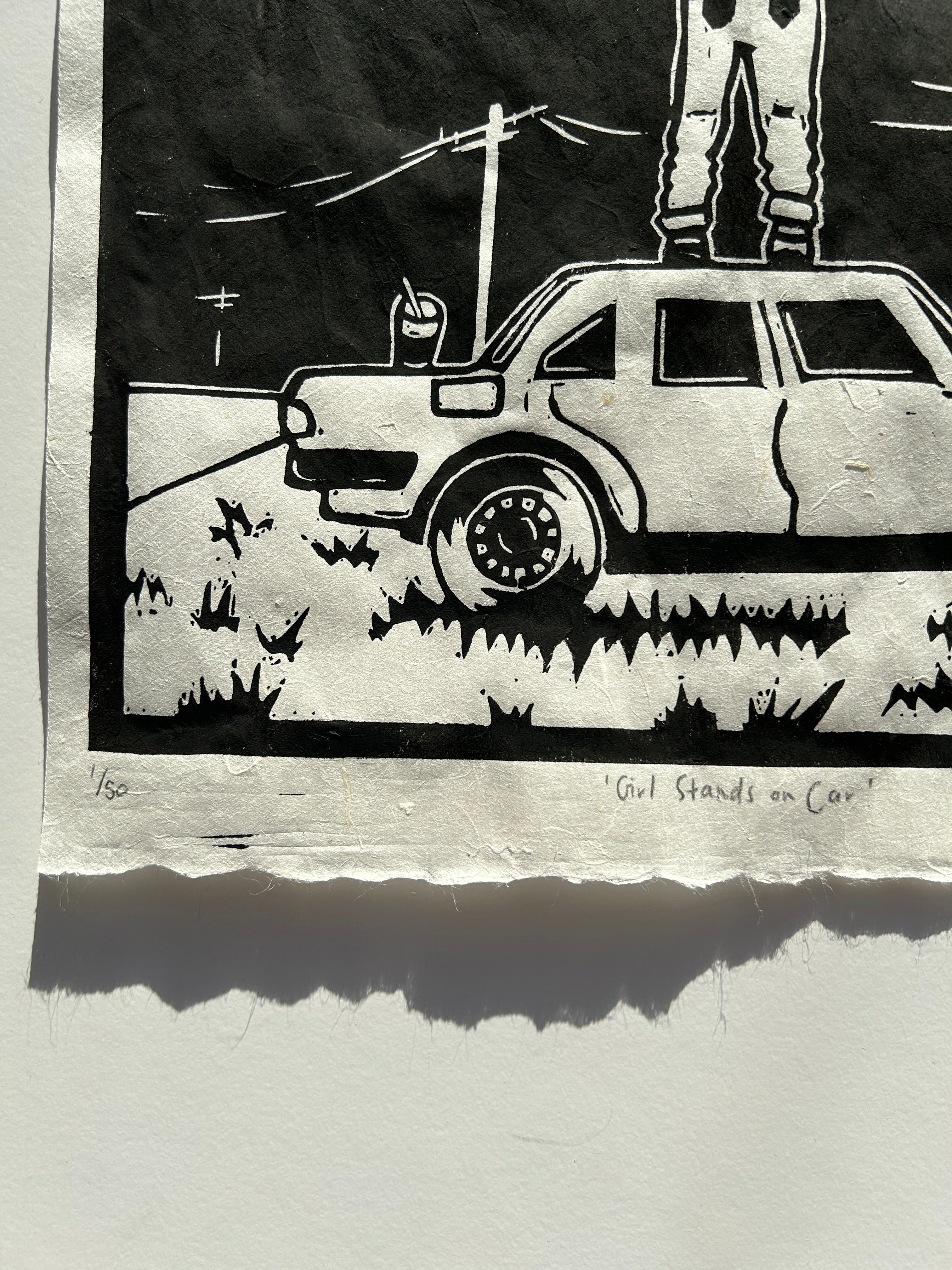 'Girl Stands on Car' Linocut Print