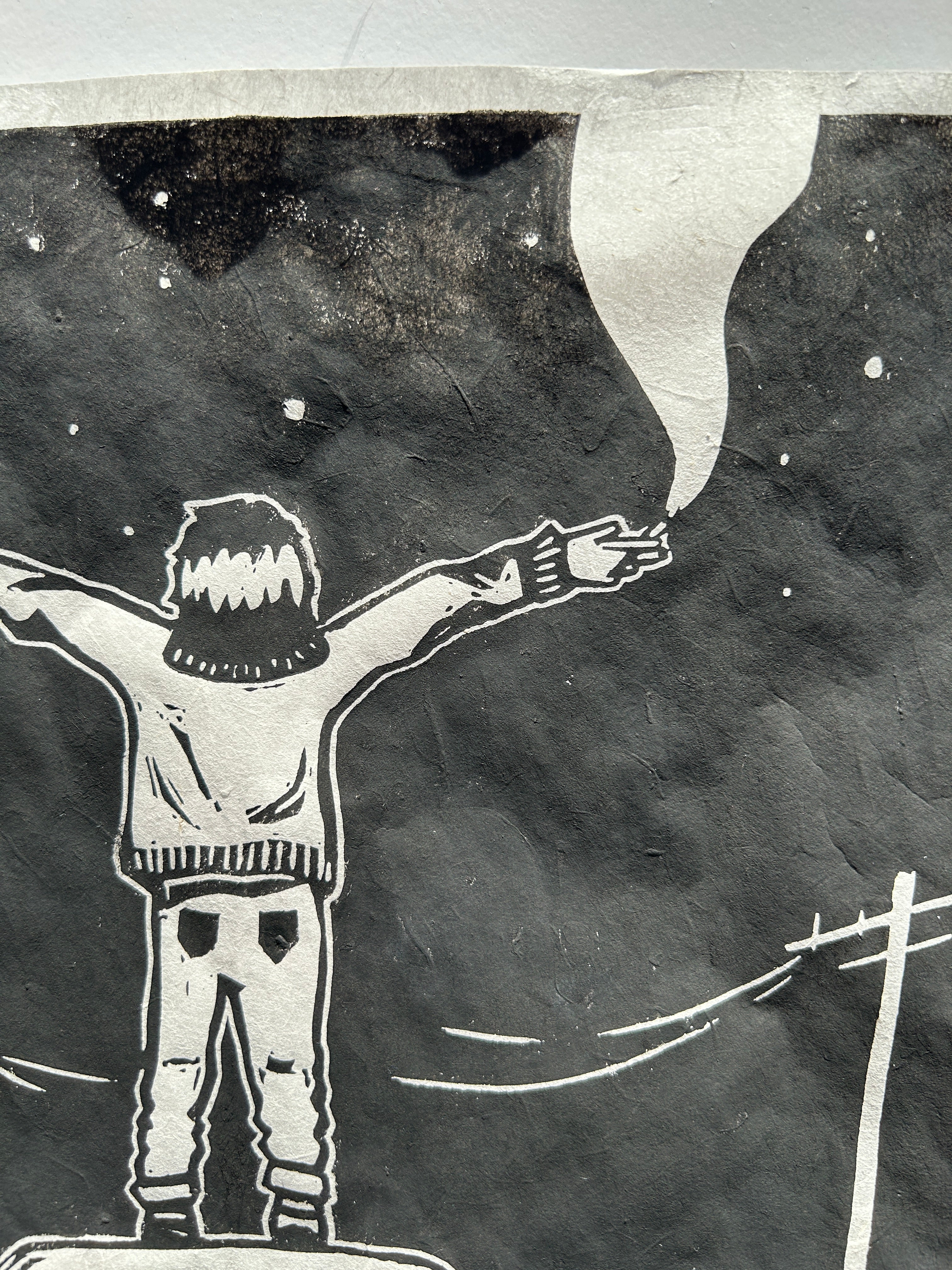 'Girl Stands on Car' Linocut Print