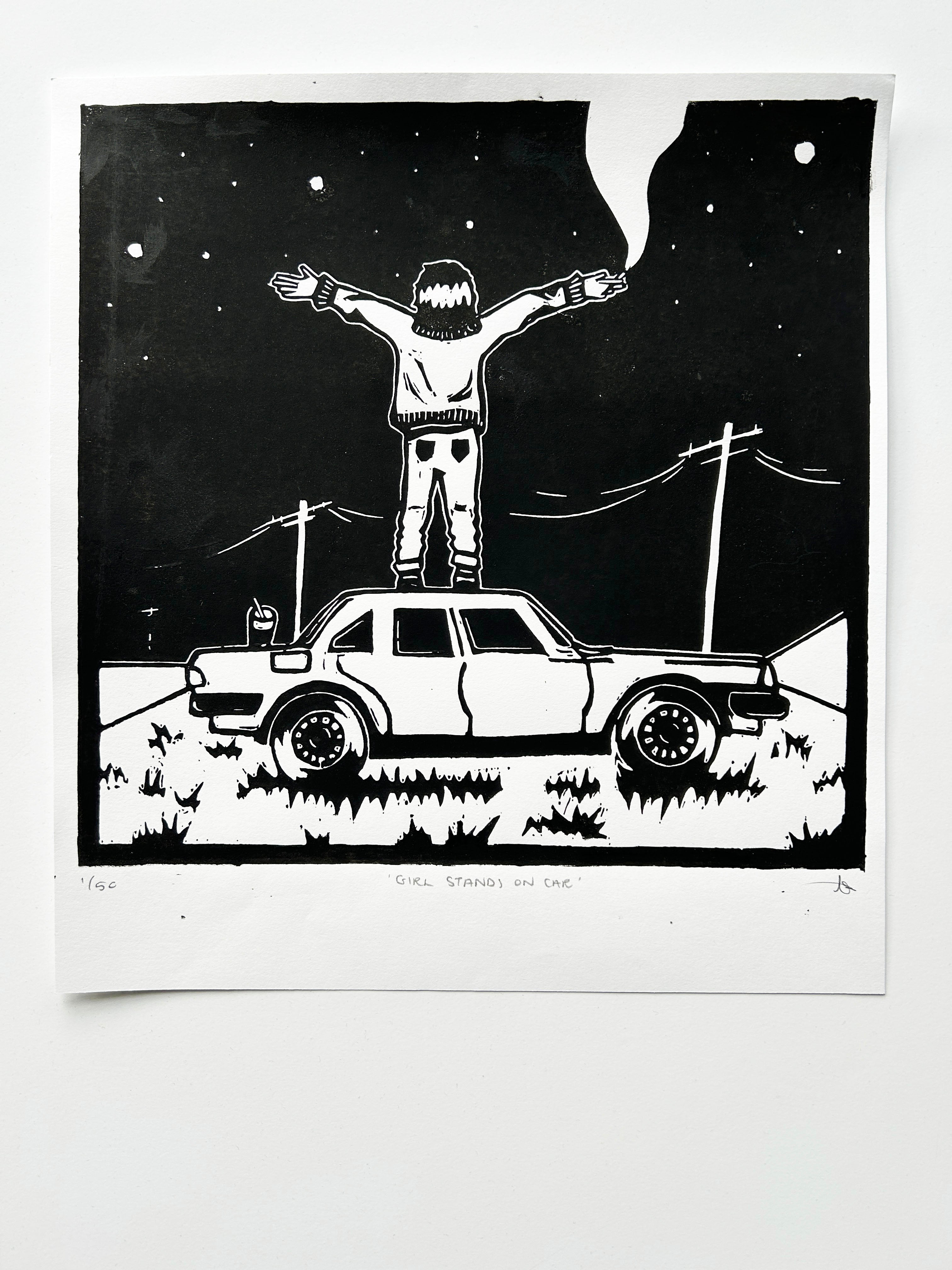 'Girl Stands on Car' Linocut Print