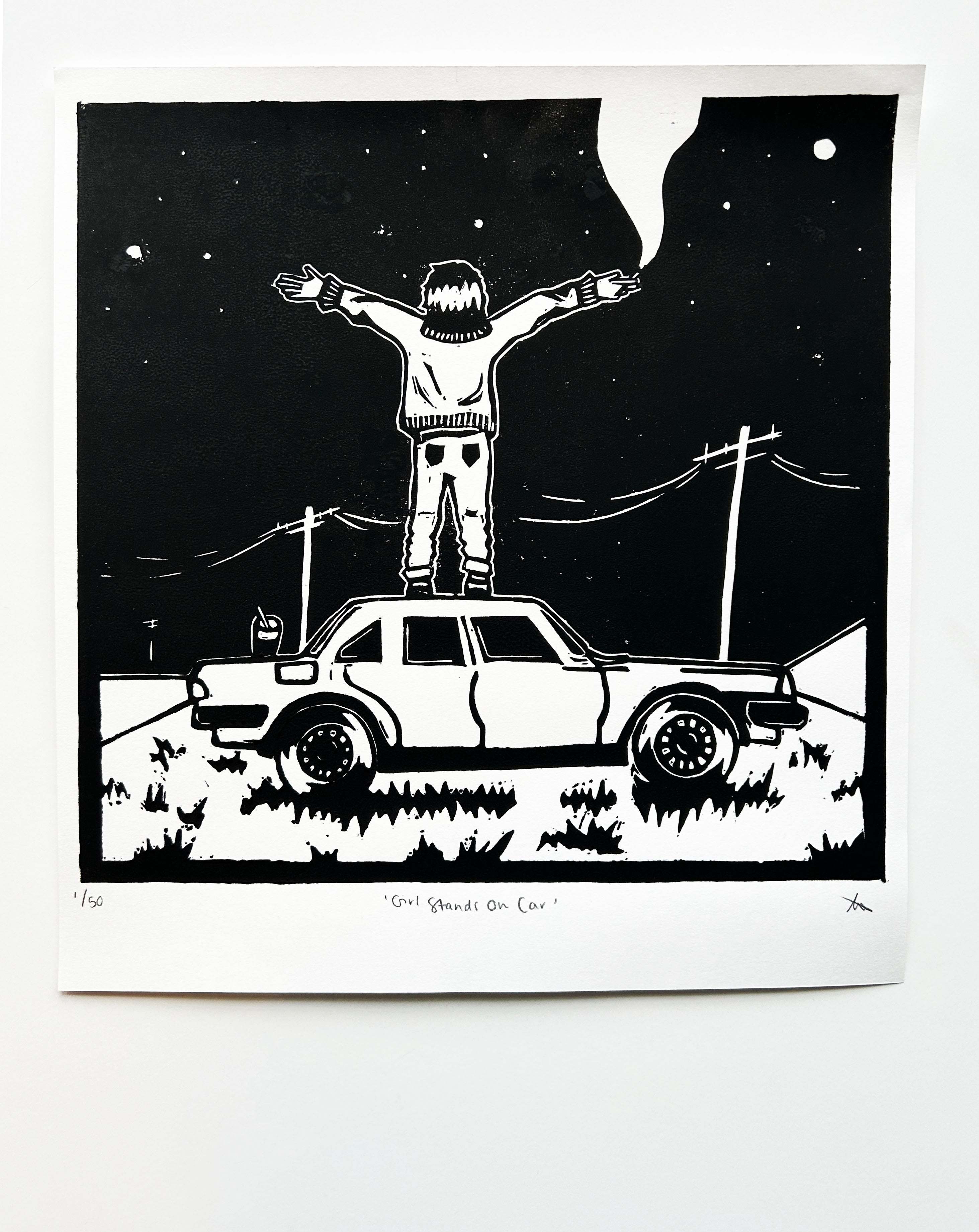 'Girl Stands on Car' Linocut Print