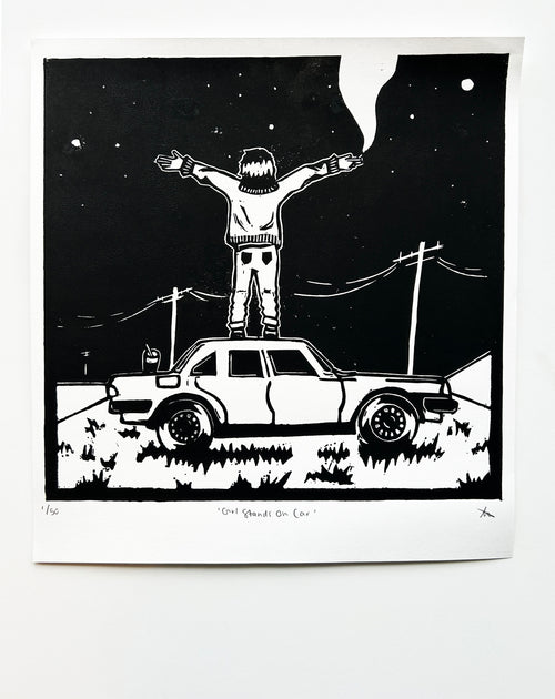 'Girl Stands on Car' Linocut Print