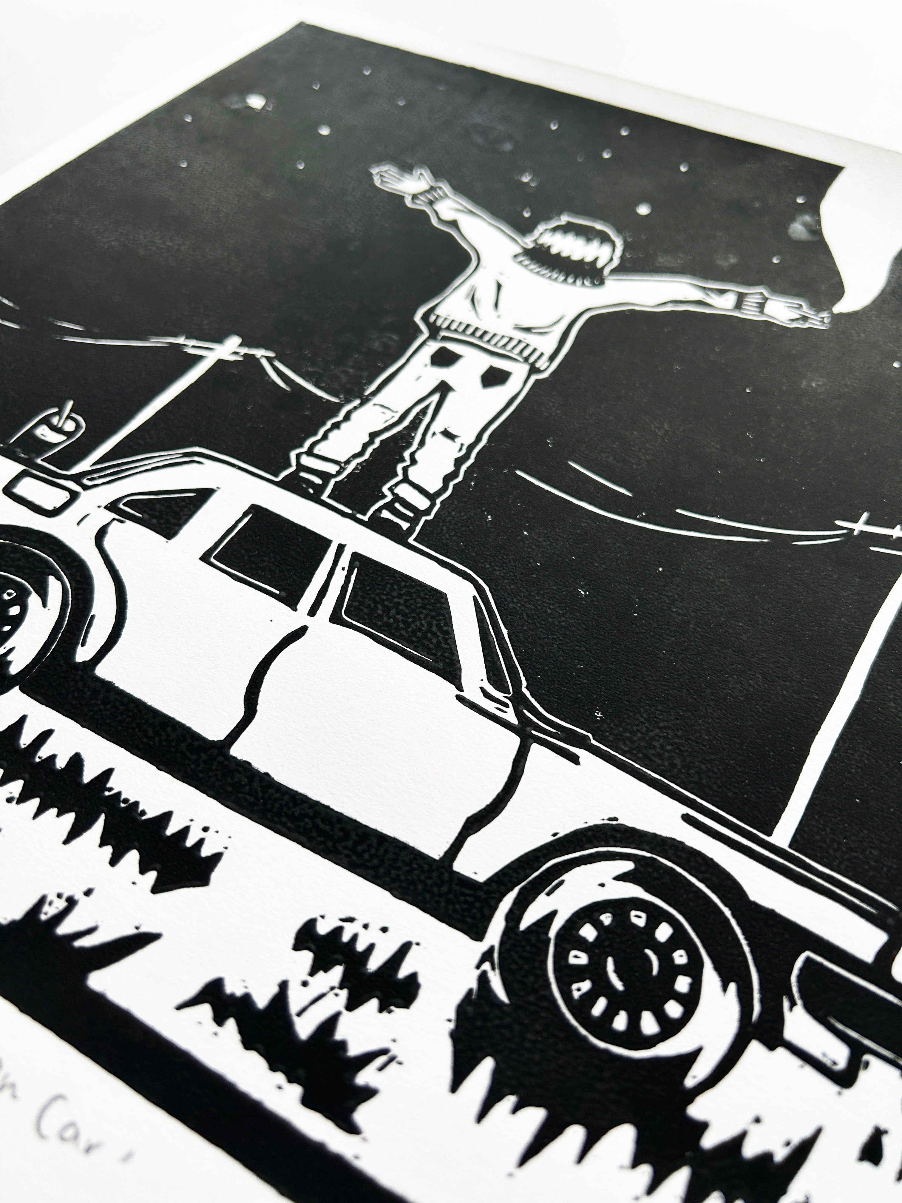 'Girl Stands on Car' Linocut Print